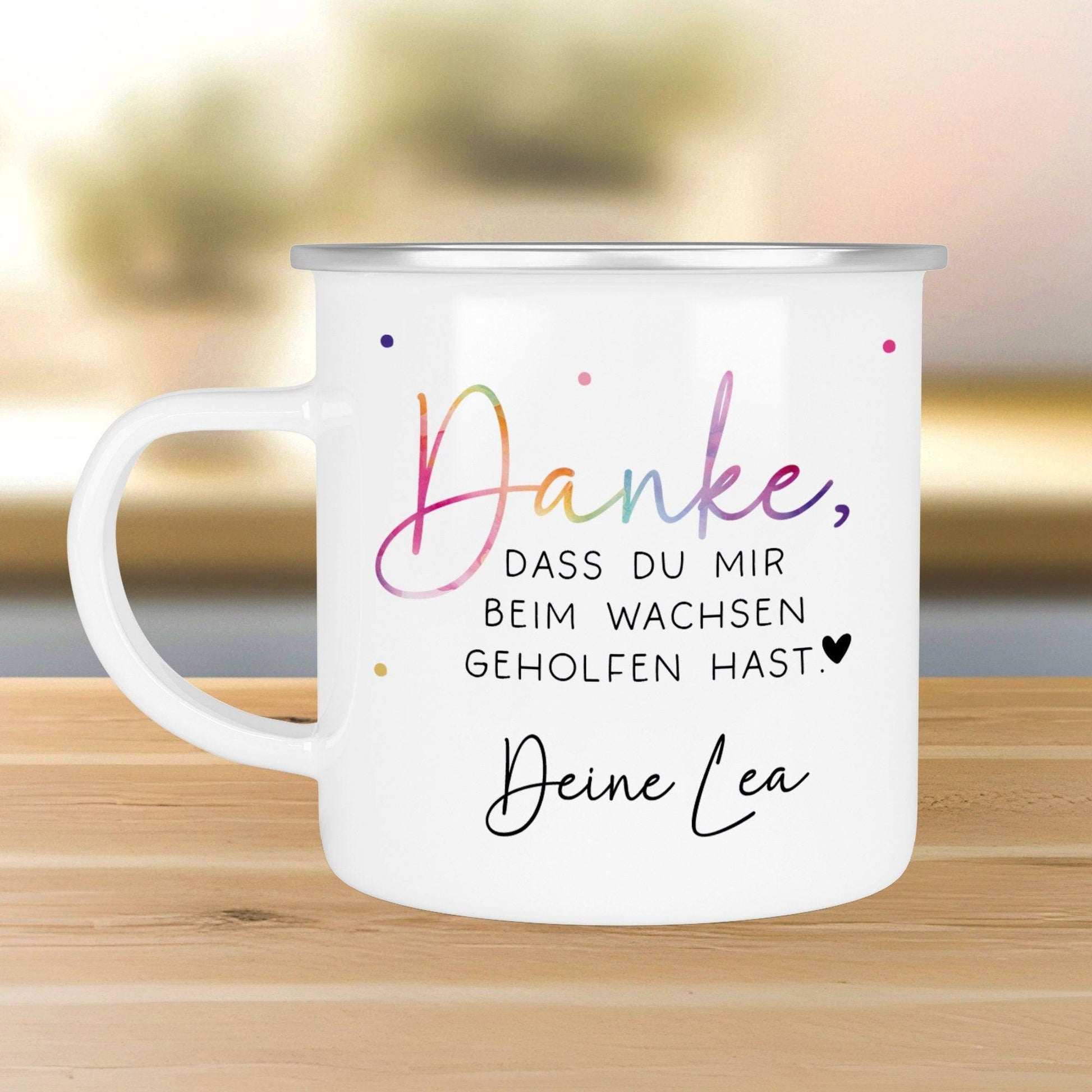 Tasse mit Wunschnamen - Danke dass du mir beim wachsen geholfen hast - Kindergarten Abschied - Tasse Erzieherin - Personalisiert - Geschenk  kleinebuchstaben Emaille - Silber  