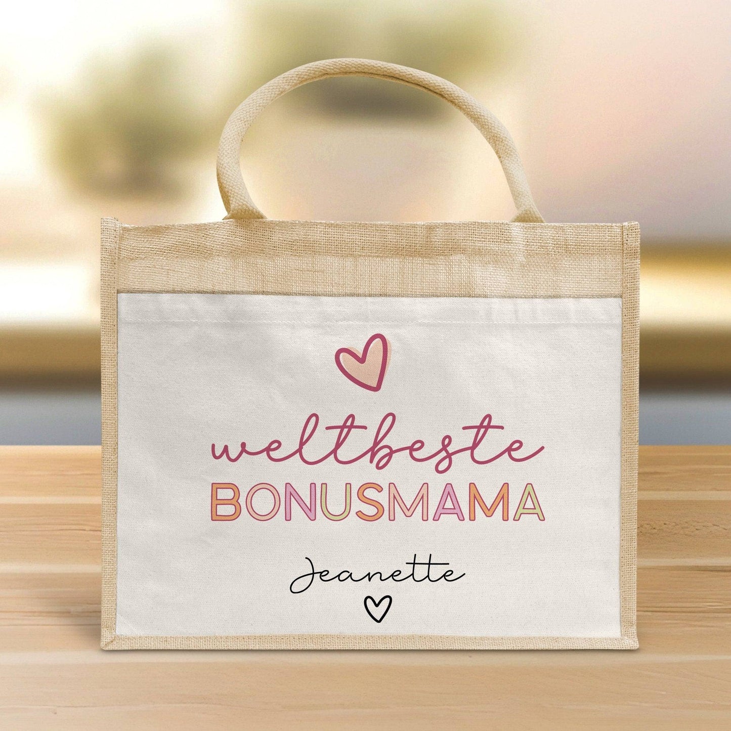 Weltbeste Bonus Mama Tasche Jute Beutel - mit Wunschname - Einkaufstasche - Bonusmama Mutterliebe Geschenkidee Muttertag - Personalisiert  kleinebuchstaben   