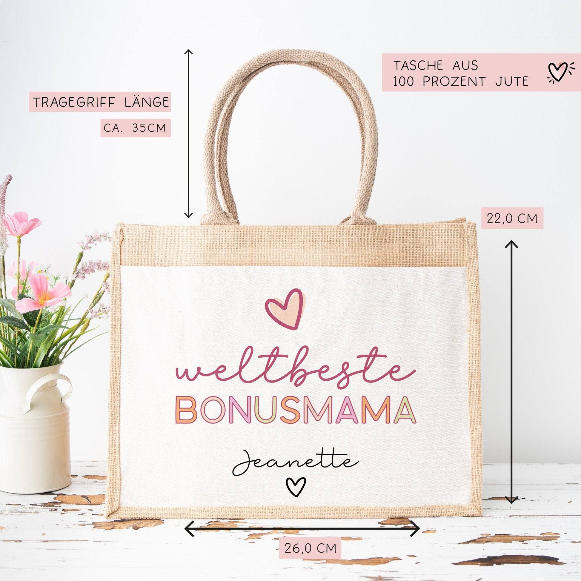 Weltbeste Bonus Mama Tasche Jute Beutel - mit Wunschname - Einkaufstasche - Bonusmama Mutterliebe Geschenkidee Muttertag - Personalisiert  kleinebuchstaben   