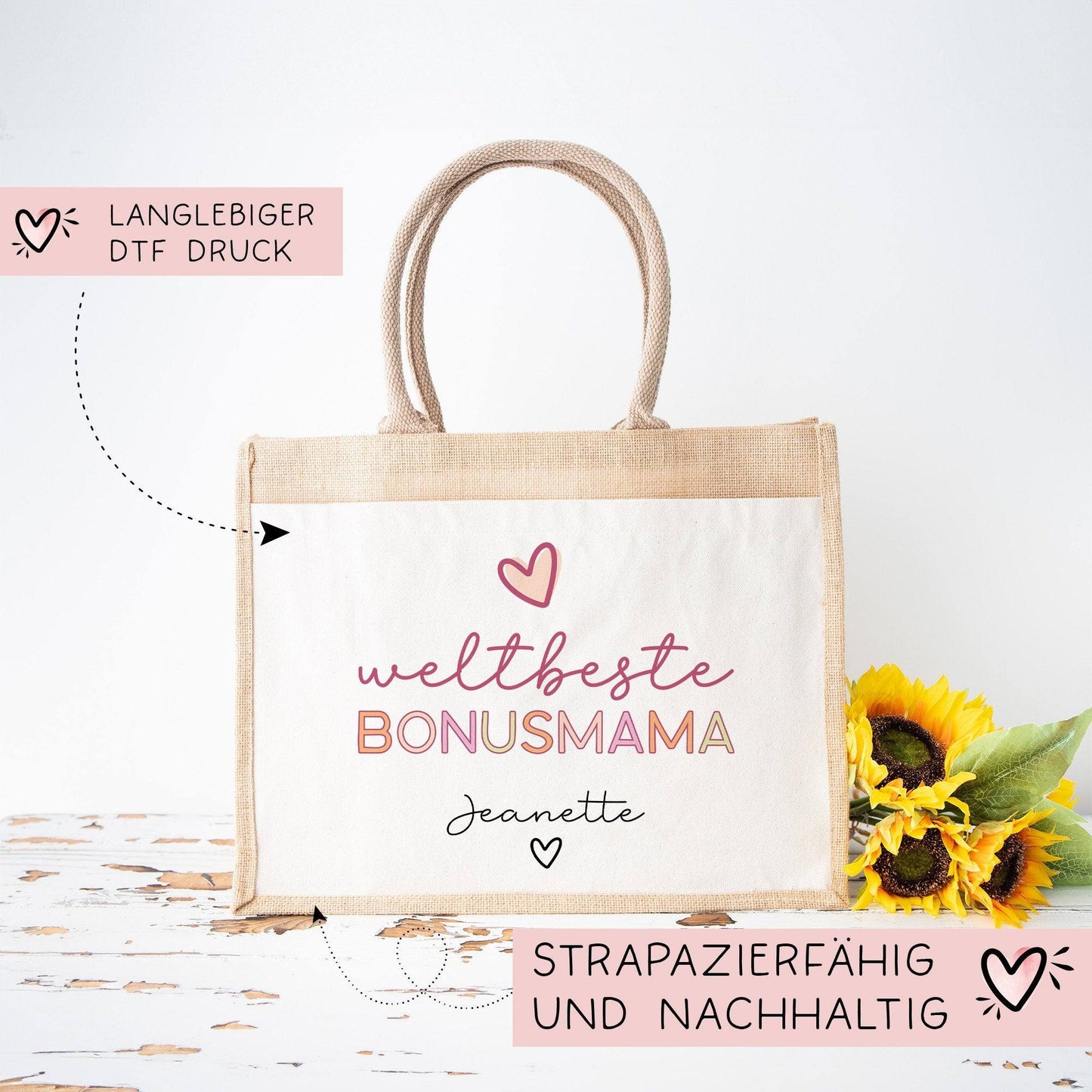 Weltbeste Bonus Mama Tasche Jute Beutel - mit Wunschname - Einkaufstasche - Bonusmama Mutterliebe Geschenkidee Muttertag - Personalisiert  kleinebuchstaben   