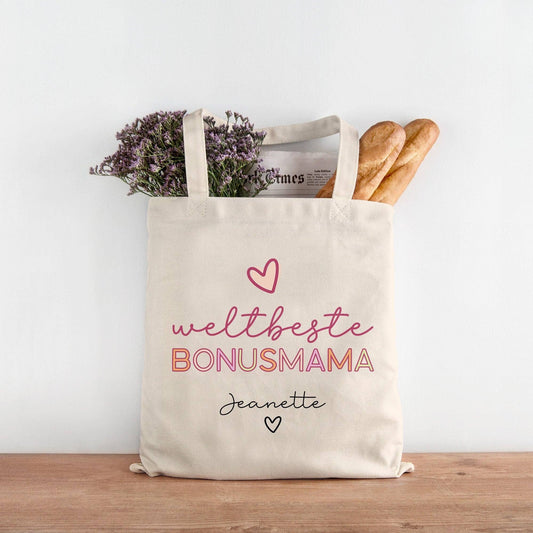 Weltbeste Bonus Mama Tasche Stoffbeutel - mit Wunschname - Einkaufstasche - Bonusmama Mutterliebe Geschenkidee Muttertag - Personalisiert  kleinebuchstaben   