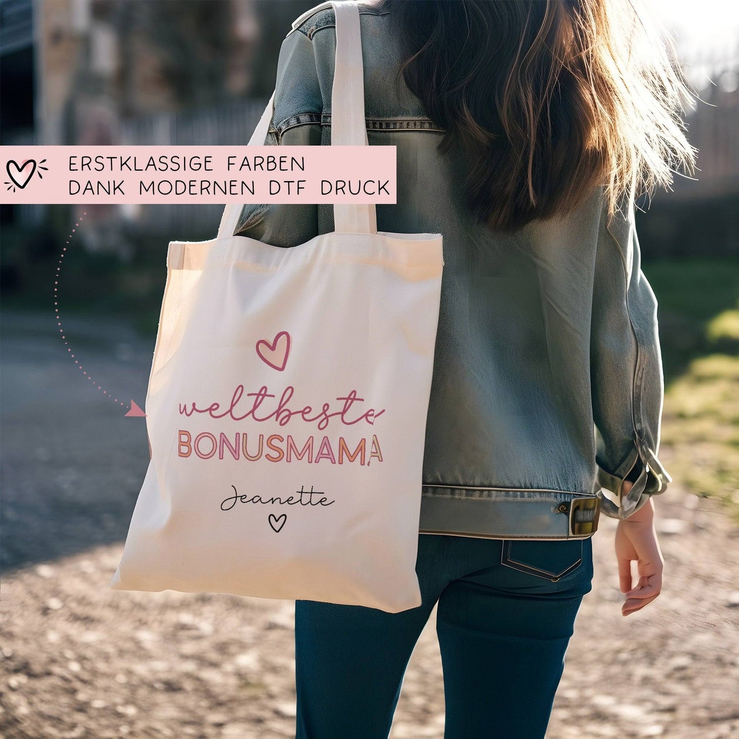 Weltbeste Bonus Mama Tasche Stoffbeutel - mit Wunschname - Einkaufstasche - Bonusmama Mutterliebe Geschenkidee Muttertag - Personalisiert  kleinebuchstaben   