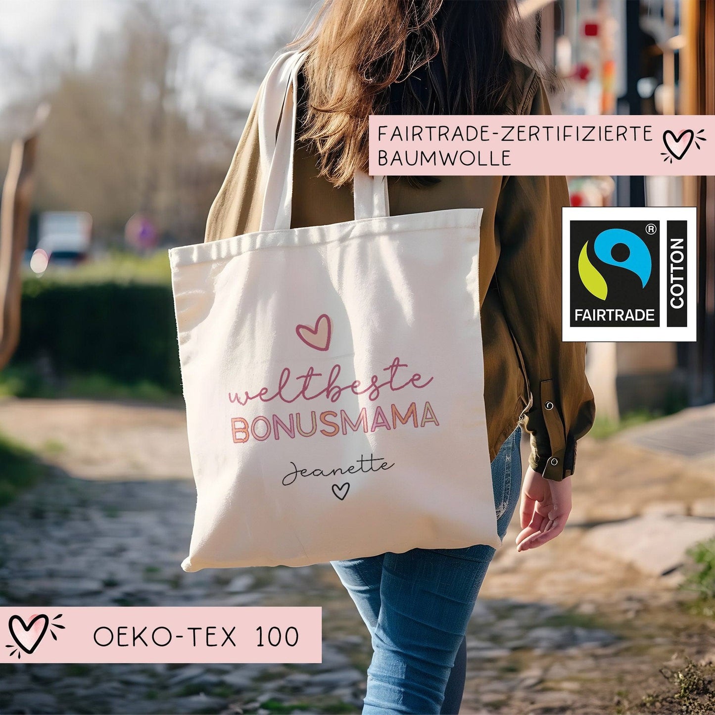 Weltbeste Bonus Mama Tasche Stoffbeutel - mit Wunschname - Einkaufstasche - Bonusmama Mutterliebe Geschenkidee Muttertag - Personalisiert  kleinebuchstaben   