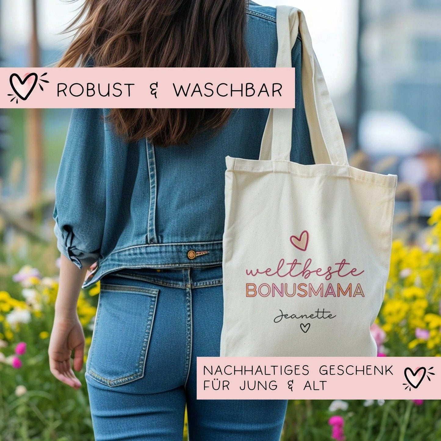 Weltbeste Bonus Mama Tasche Stoffbeutel - mit Wunschname - Einkaufstasche - Bonusmama Mutterliebe Geschenkidee Muttertag - Personalisiert  kleinebuchstaben   