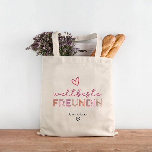 Weltbeste Freundin Tasche Stoffbeutel - mit Wunschname - Einkaufstasche - Beste Freundin BFF Geschenkidee Geburtstag - Personalisiert  kleinebuchstaben   