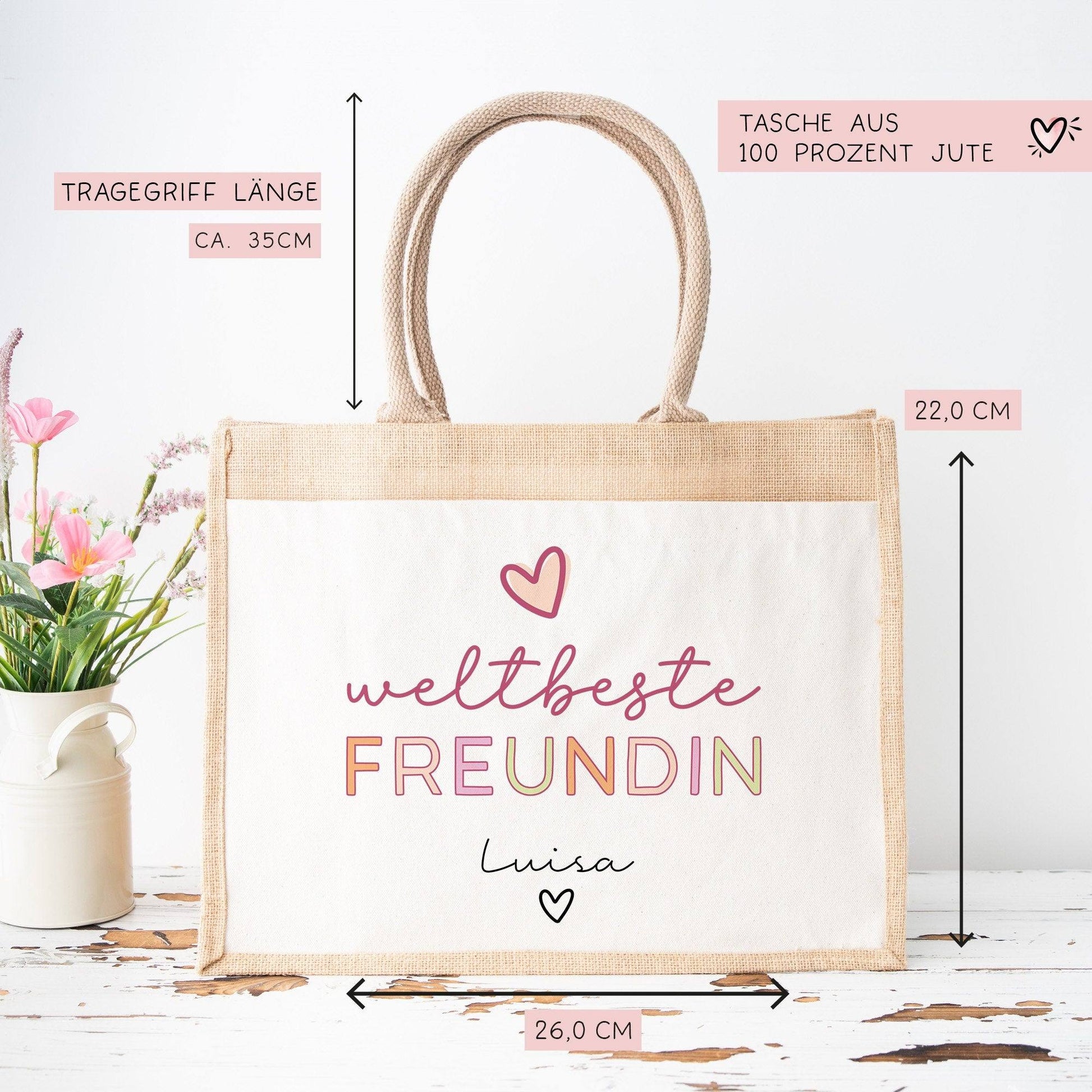 Weltbeste Freundin Tasche Stoffbeutel Jute - mit Wunschname - Einkaufstasche - Beste Freundin BFF Geschenkidee Geburtstag - Personalisiert  kleinebuchstaben   