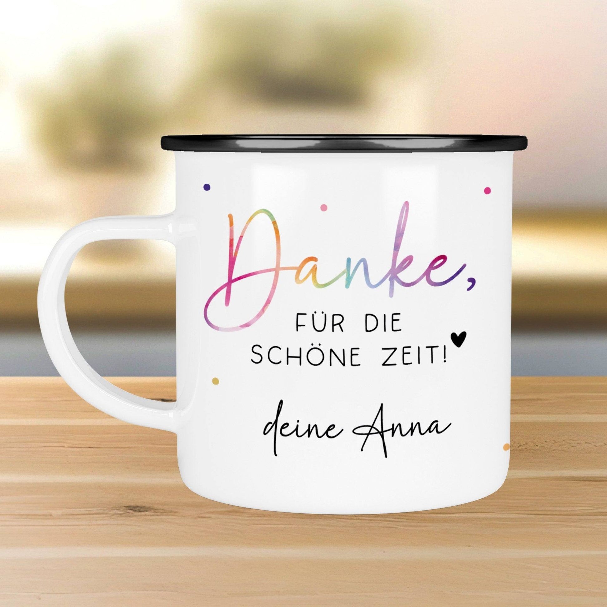 Abschiedsgeschenk Erzieherin Geschenk Abschiedsgeschenk Lehrerin Dankeschön Geschenk Tasse - Danke für die schöne Zeit - Emaille Becher  kleinebuchstaben Danke für die schöne Schwarz 