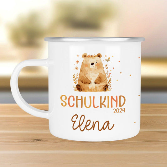 Bär Kindertasse Schulkind Name Emaille Tasse Kind Kindergeschirr personalisiert Kinder Geschenk Geburtstagsgeschenk  kleinebuchstaben   