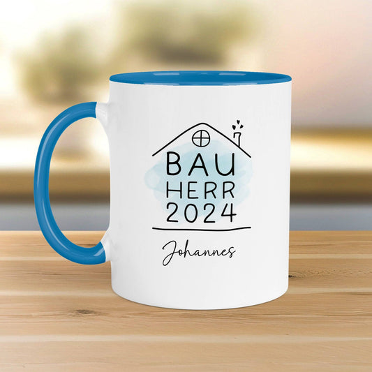 Bauherr Tasse 2024 Name, Richtfest Geschenk, Becher Geschenke zum Richtfest, Geschenkideen zum Hausbau Einweihung Hausbauer - 330ml  kleinebuchstaben Bauherr mit Namen Tasse & Henkel -Blau 