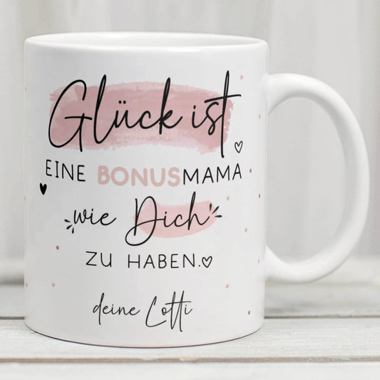 Bonus mama Muttertag Tasse personalisiert – Motiv: Glück ist eine BONUSMAMA wie dich zu haben - Geschenk zum Geburtstag, Ostern, Weihnachten  kleinebuchstaben Bonusmama - Weiß  