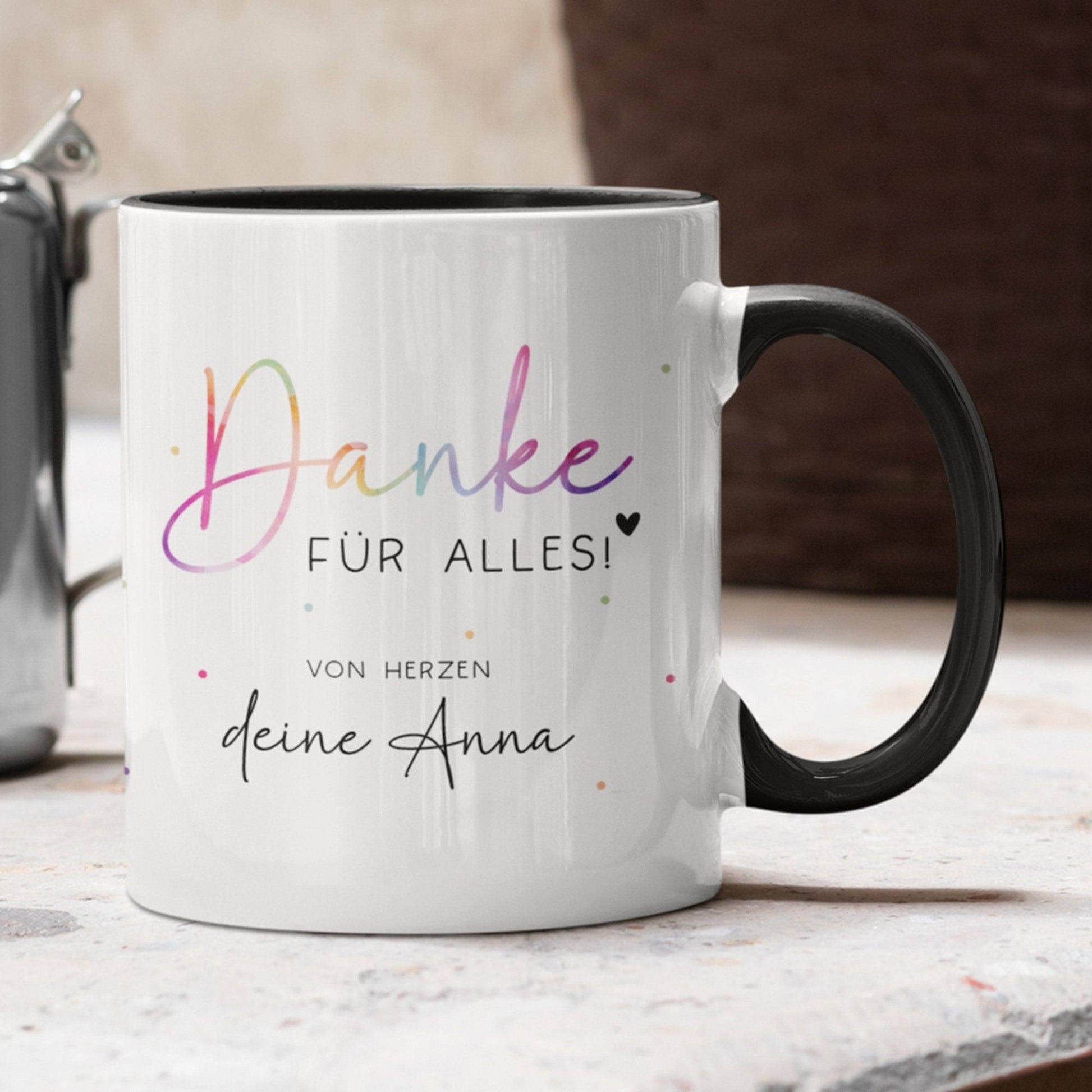 Danke für alles Personalisierte Tasse mit eigenen Wunschtext. Kaffee-Tasse Dankeschön-Geschenke Vatertag Muttertag Geburtstag Erzieher  kleinebuchstaben   