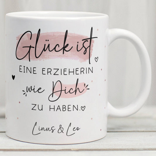 Erzieherin Tasse Personalisiert Name – Glück ist eine ERZIEHERIN wie dich zu haben - Geschenk zum Geburtstag, Ostern, Weihnachten mit Wunschnamen, Betreuerin  kleinebuchstaben Erzieherin - Weiß  