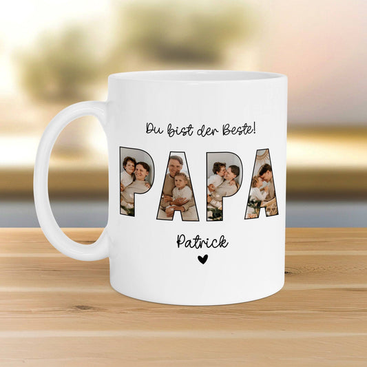 Foto Tasse Papa Vatertag Name mit Fotos personalisiert - mit eigenen Bildern selbst gestalten - Bester Papa, Vater, Dad Geschenk als Vatertagsgeschenk Geburtstag  kleinebuchstaben Papa mit Namen - Weiß  