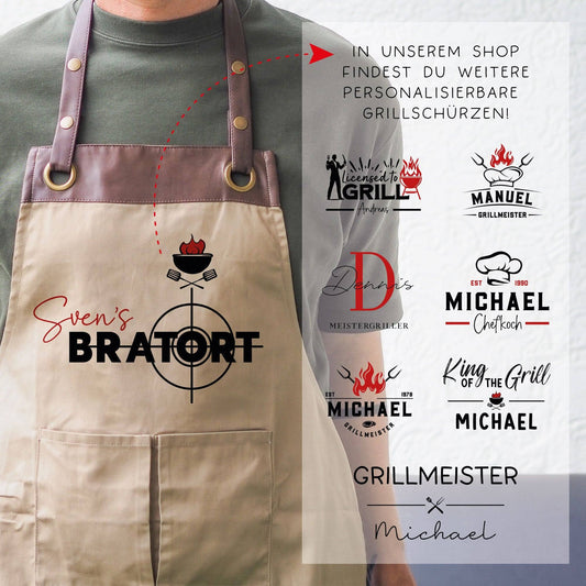 Grillschürze personalisiert für Männer mit Name Kunstleder Applikation zum Geburtstag - Geschenk Weihnachten Baumwollschürze, Küchenschürze  kleinebuchstaben   