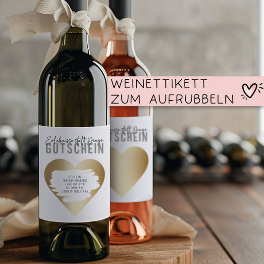 Gutschein Weinflaschen-Etikett | Personalisiertes Wein Flaschen Etikett | Rubbellos Weinetikett Weihnachten Geburtstag Geschenk Freundin  kleinebuchstaben Erlebnisse - Gold  