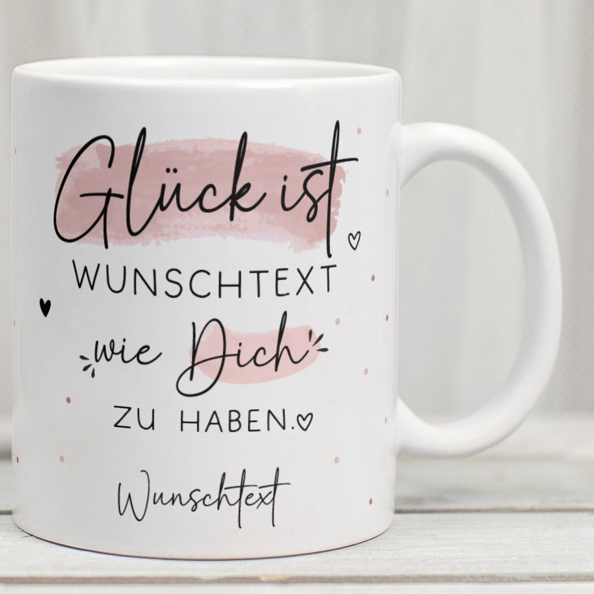 Handgefertigte Personalisierte "Glück ist..." - Tasse komplett mit Wunschtext und Wunschname. Zum Geburtstag, Muttertag, Ostern, Weihnachten  kleinebuchstaben Wunschtext - Weiß  