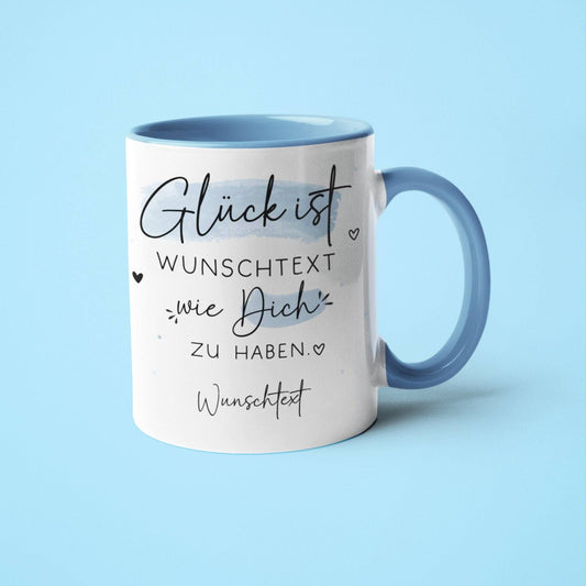 Handgefertigte Personalisierte "Glück ist..." - Tasse komplett mit Wunschtext und Wunschname. Zum Geburtstag, Vatertag, Ostern, Weihnachten  kleinebuchstaben   