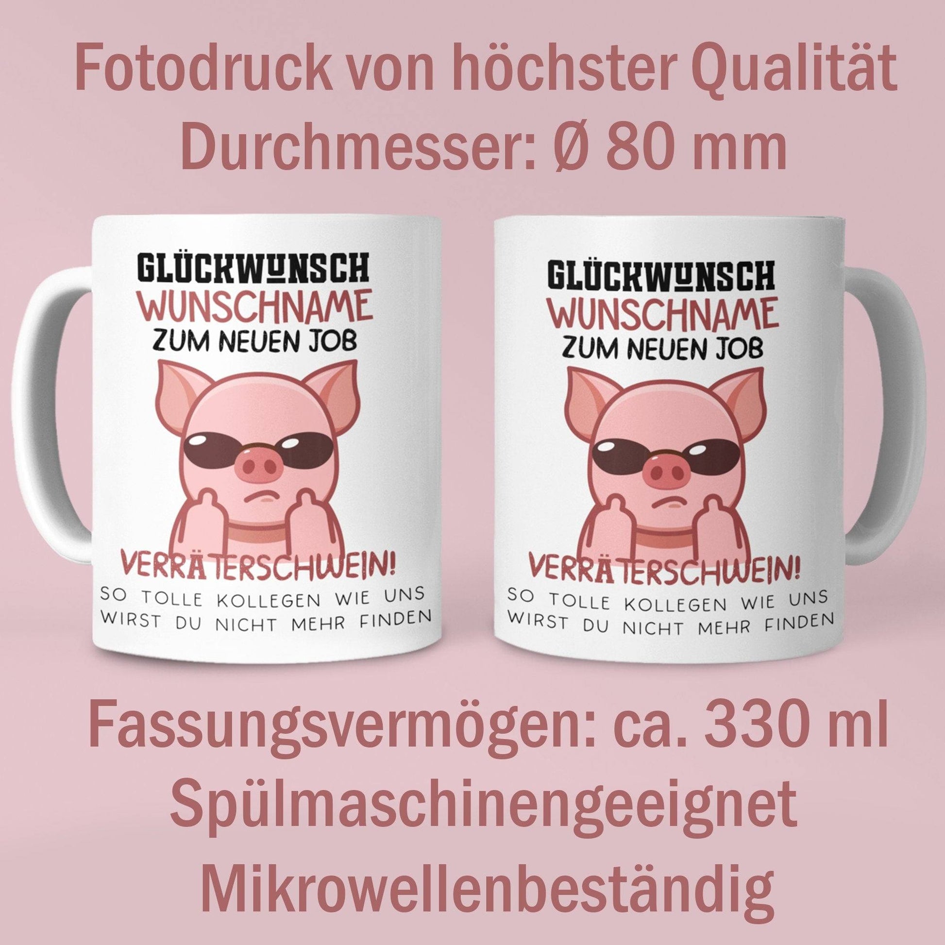 Personalisierte Tasse mit Spruch: Glückwunsch zum neuen Job Verräter! - Abschiedsgeschenk Kollegen - Kaffeetasse Sparschwein  kleinebuchstaben   