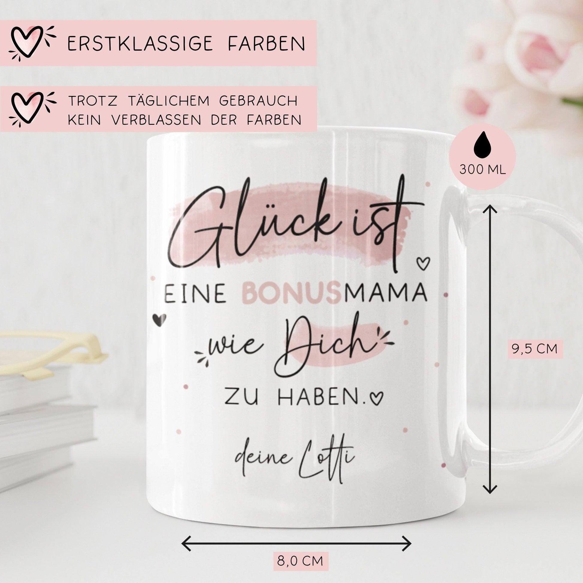 Bonusmama Muttertag personalisiert – Motiv: Glück ist eine BONUSMAMA wie dich zu haben - Geschenk zum Geburtstag, Ostern, Weihnachten  kleinebuchstaben   