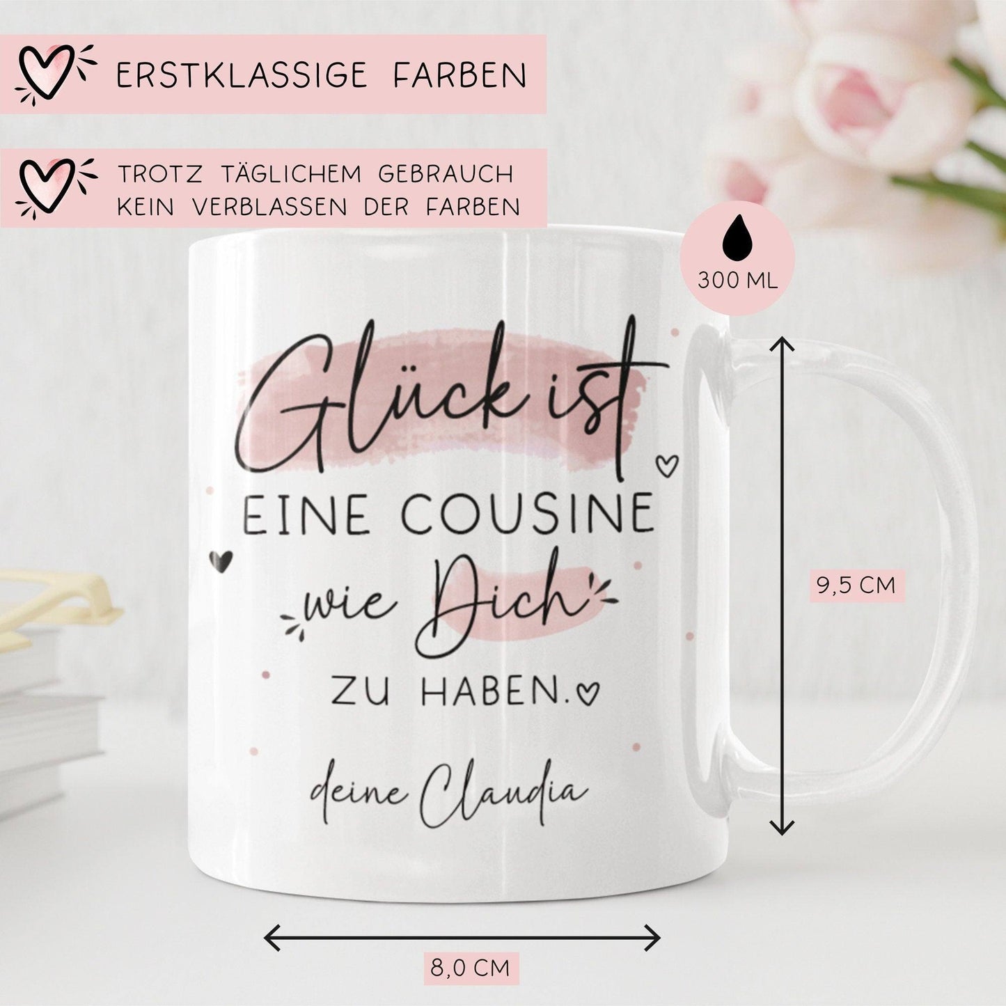 Handgefertigte Personalisierte Tasse – Glück ist eine COUSINE wie dich zu haben - Geschenk zum Geburtstag, Ostern, Weihnachten - Wunschnamen  kleinebuchstaben   