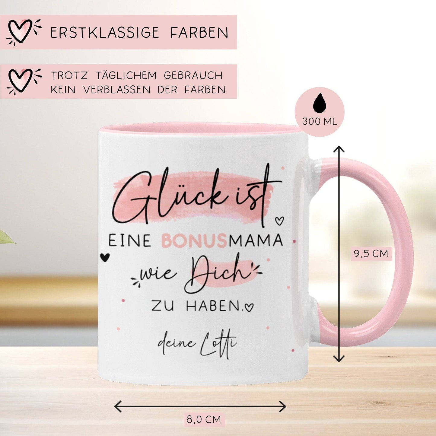 Tasse Bonusmama Muttertag personalisiert – Motiv: Glück ist eine BONUSMAMA wie dich zu haben - Geschenk zum Geburtstag, Ostern, Weihnachten  kleinebuchstaben   