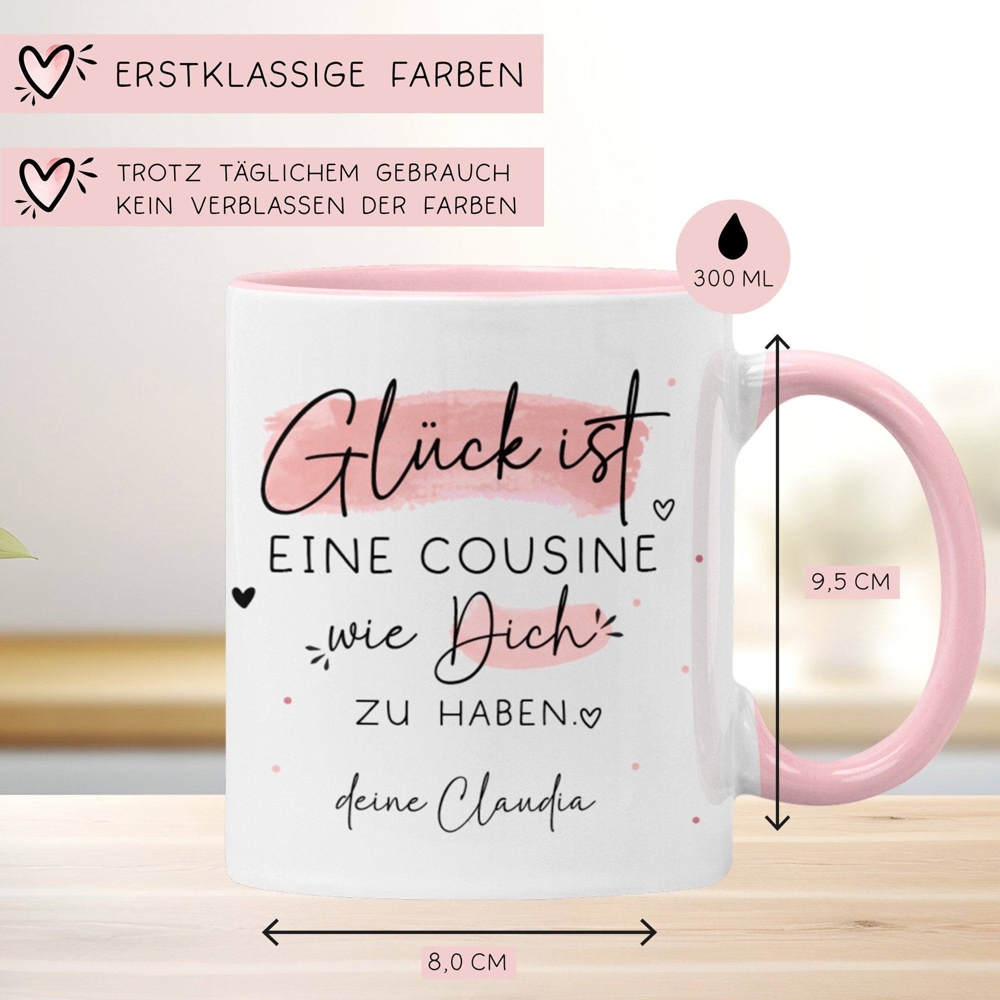 Tasse Cousine Personalisiert Wunschname Name – Glück ist eine COUSINE wie dich zu haben - Geschenk zum Geburtstag, Ostern, Weihnachten  kleinebuchstaben   