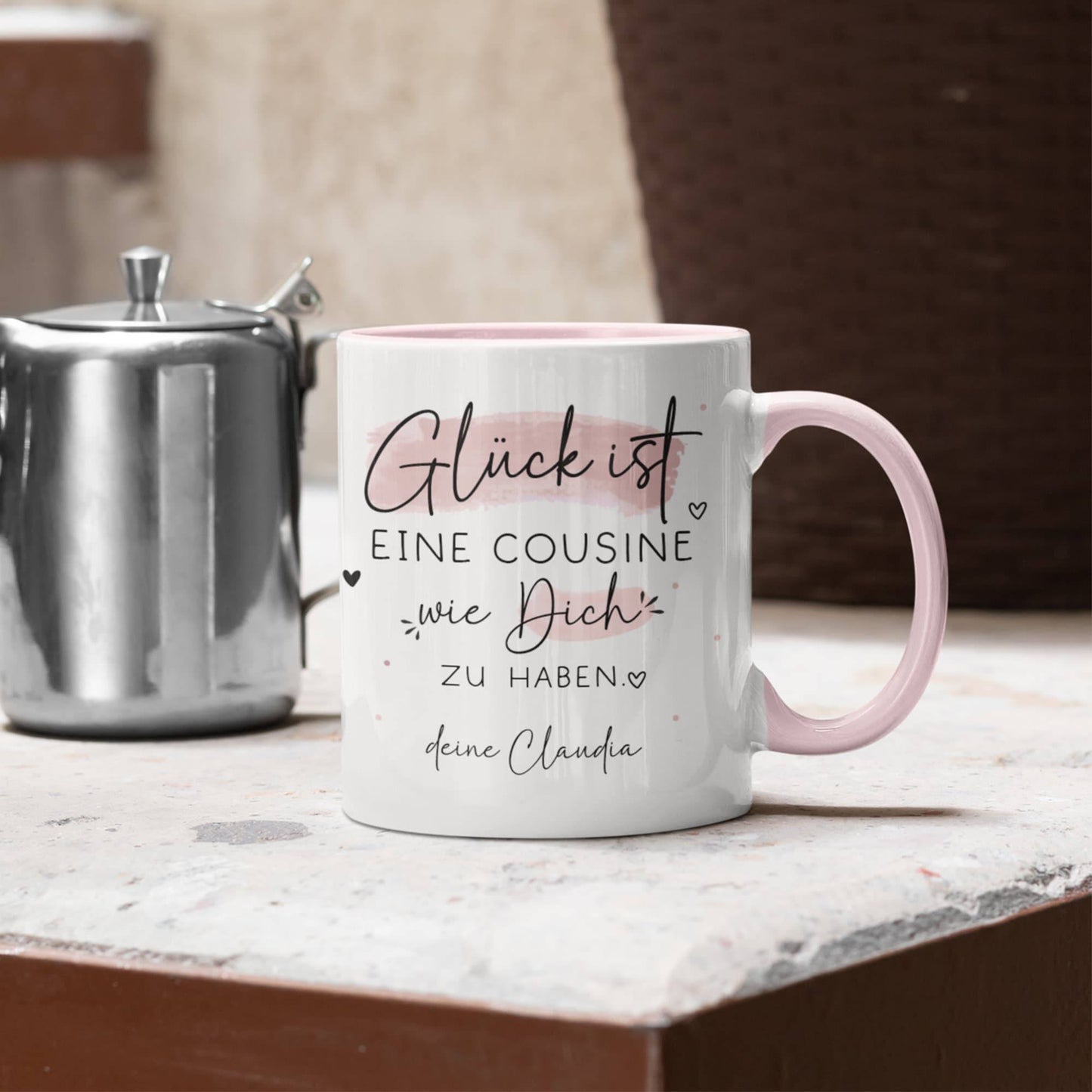 Tasse Cousine Personalisiert Wunschname Name – Glück ist eine COUSINE wie dich zu haben - Geschenk zum Geburtstag, Ostern, Weihnachten  kleinebuchstaben   