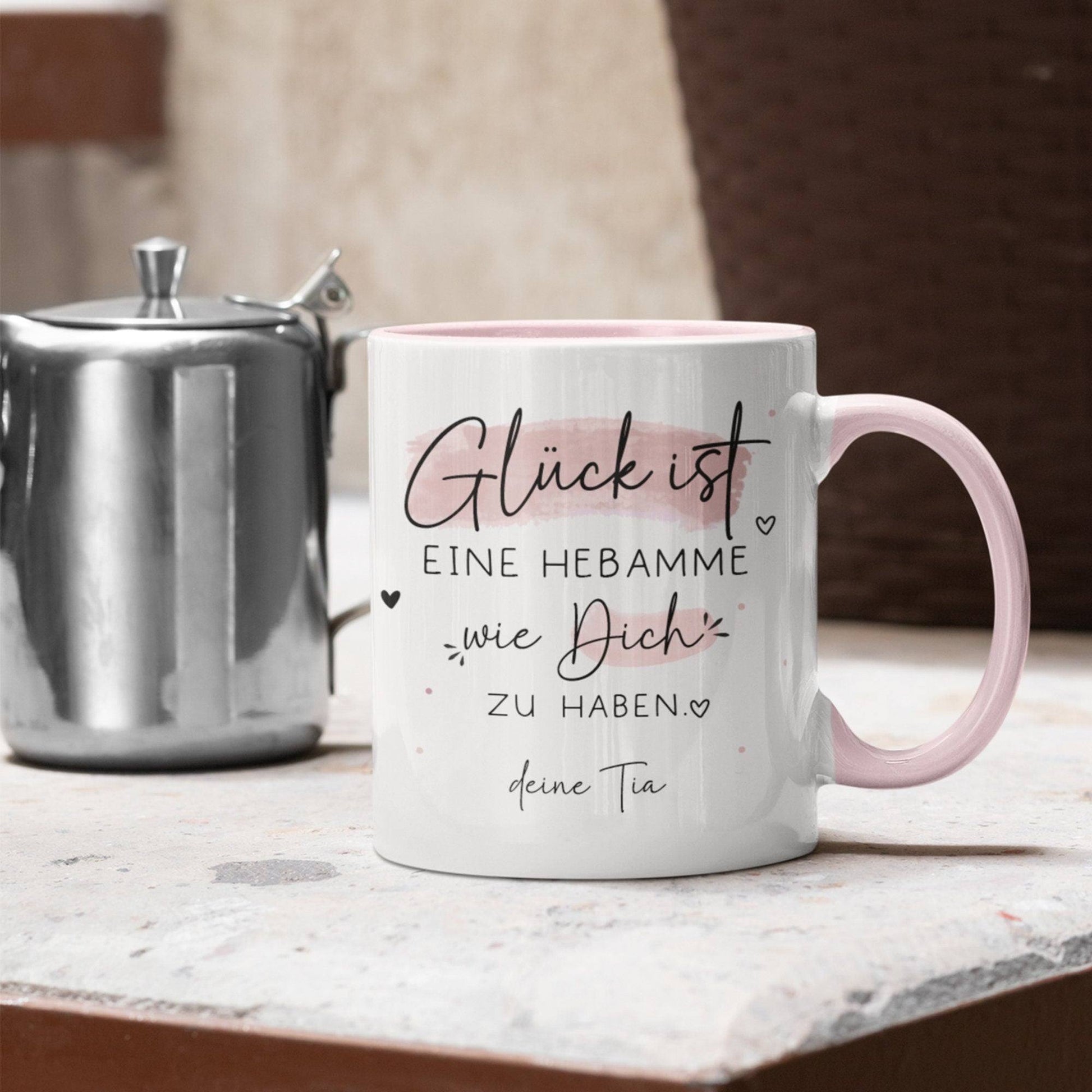 Personalisierte Tasse – Glück ist eine HEBAMME wie dich zu haben - Geschenk zum Geburtstag, Ostern, Weihnachten -Wunschnamen  kleinebuchstaben   