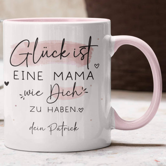 Muttertag Tasse Personalisiert– Glück ist eine MAMA wie dich zu haben - Geschenk zum Muttertag, Geburtstag, Ostern, oder Weihnachten  kleinebuchstaben Mama - Rosa  