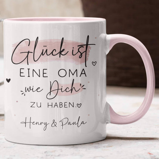 Personalisierte Tasse – Glück ist eine OMA wie dich zu haben - Geschenk zum Muttertag Geburtstag, Ostern, Weihnachten - Name  kleinebuchstaben Oma - Rosa  