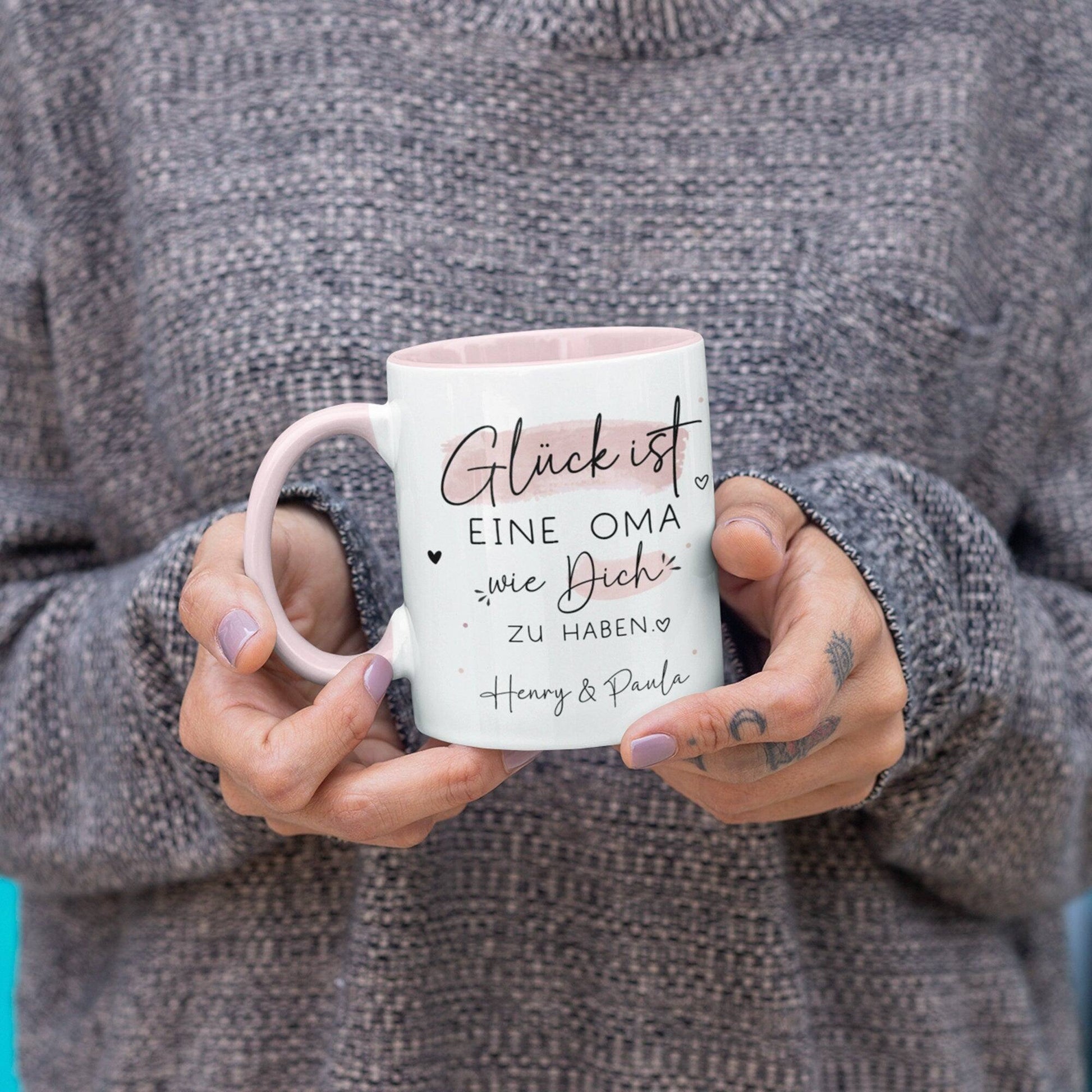 Personalisierte Tasse – Glück ist eine OMA wie dich zu haben - Geschenk zum Muttertag Geburtstag, Ostern, Weihnachten - Name  kleinebuchstaben   