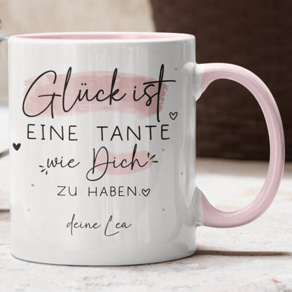 Handgefertigte Personalisierte Tasse mit Wunschnamen – Glück ist eine TANTE wie dich zu haben - Geschenk zu Ostern, Weihnachten, Geburtstag  kleinebuchstaben Tante - Rosa  