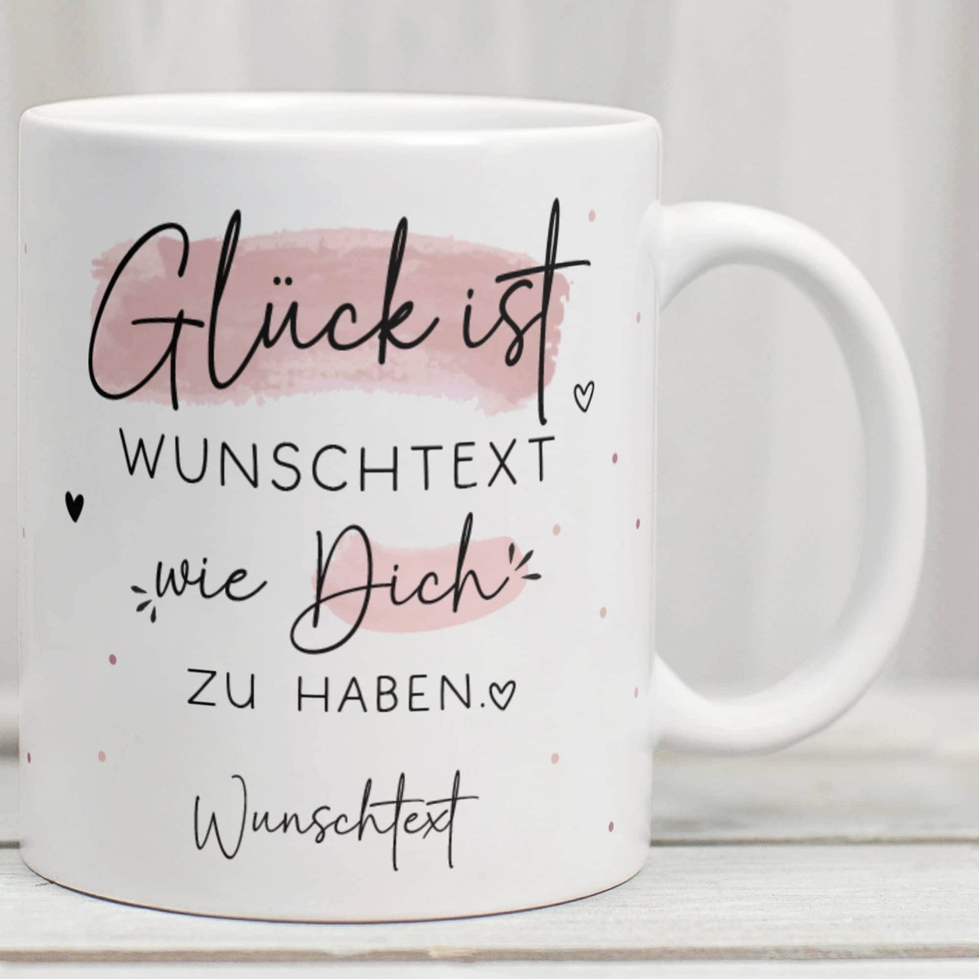 Handgefertigte Personalisierte "Glück ist..." - Tasse komplett mit Wunschtext und Wunschname. Zum Geburtstag, Muttertag, Ostern, Weihnachten  kleinebuchstaben   