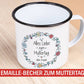 Personalisierte Tasse Emaille Becher Geschenk zum Muttertag. Motiv: Alles liebe zum Muttertag mit Wunschnamen. Beidseitiger Druck. Blumen  kleinebuchstaben   