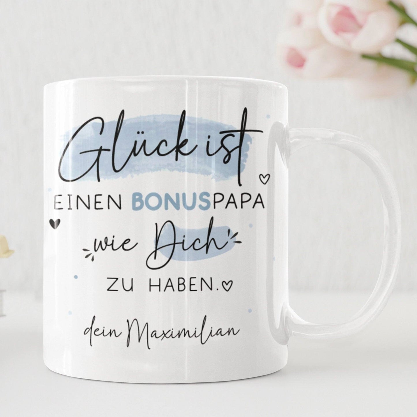 Personalisierte Tasse Bonuspapa zum Vatertag - Geburtstag - Kaffeetasse mit Wunschnamen. Geschenk, Vatertags Geschenk, Weihnachtsgeschenk  kleinebuchstaben   