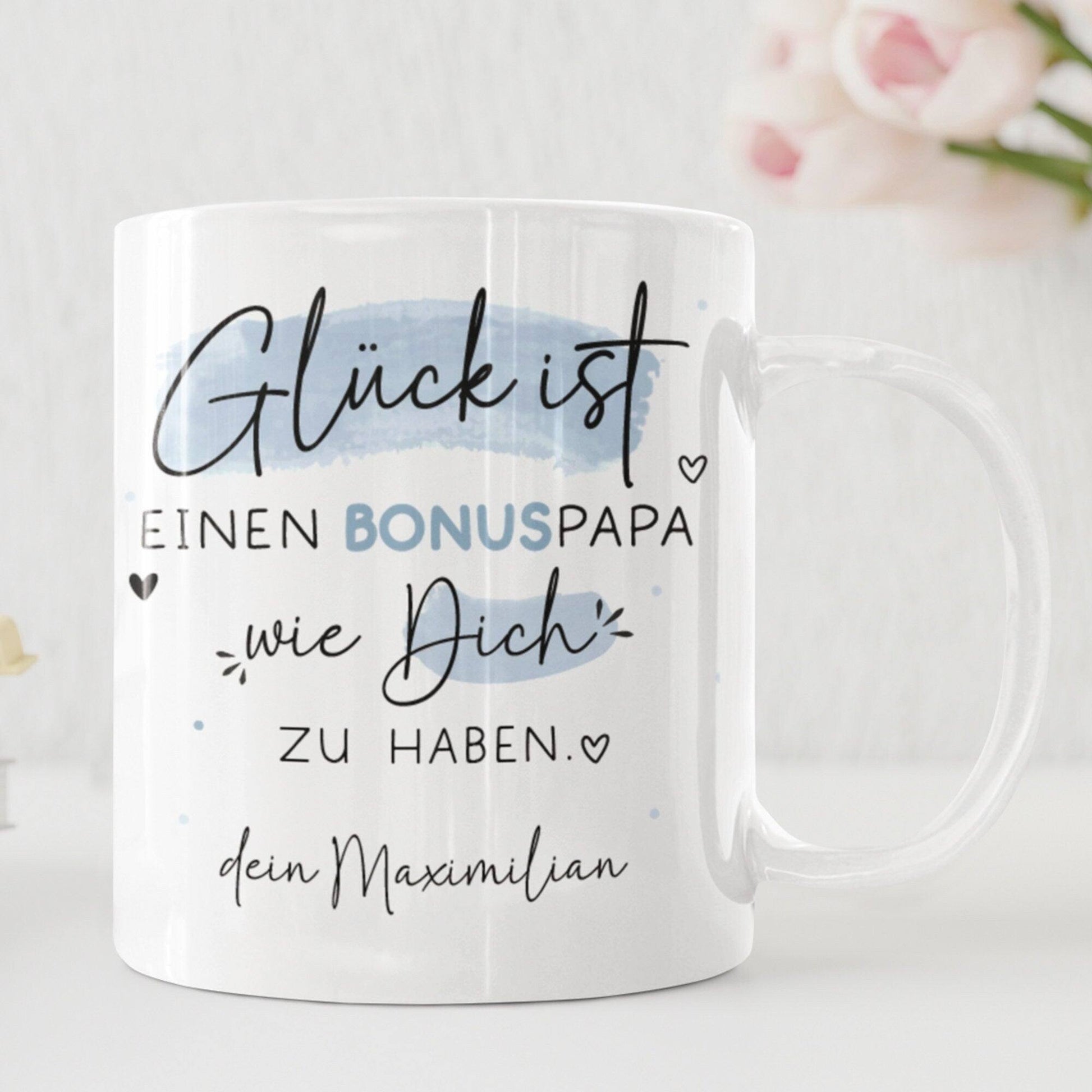 Personalisierte Tasse Bonuspapa zum Vatertag - Geburtstag - Kaffeetasse mit Wunschnamen. Geschenk, Vatertags Geschenk, Weihnachtsgeschenk  kleinebuchstaben   