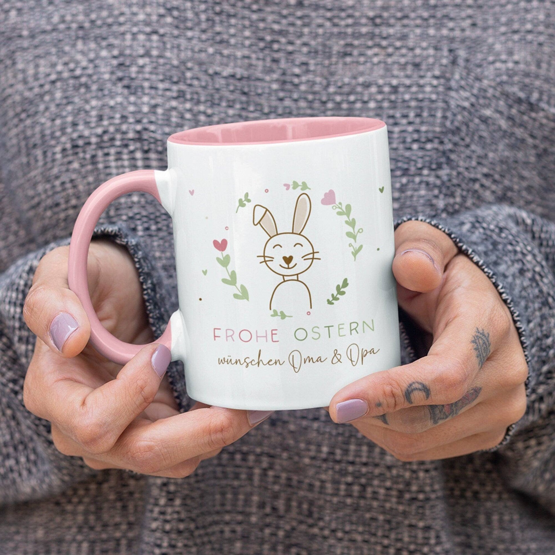 Ostertasse personalisiert mit Namen "Frohe Ostern" - Hase, Ostergeschenk für Kinder Männer Frauen Geschenkidee zu Ostern. Geschenk Tasse  kleinebuchstaben   