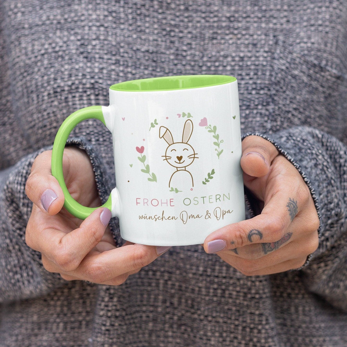 Ostertasse personalisiert mit Namen "Frohe Ostern" Hase Ostergeschenk für Kinder Männer Frauen Geschenkidee zu Ostern. Geschenk Tasse  kleinebuchstaben   