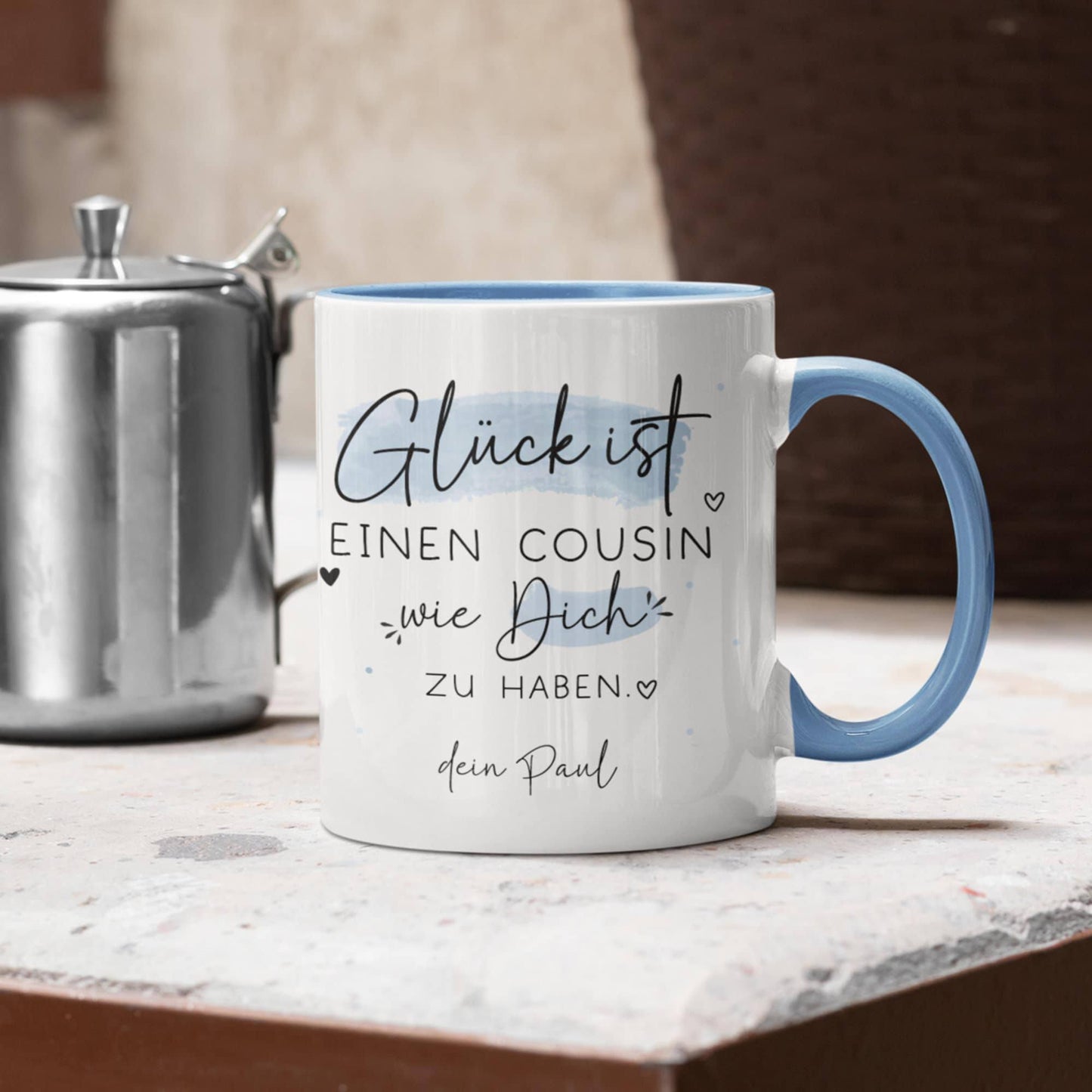 Personalisierte Tasse mit Spruch "Glück ist einen Cousin wie dich zu haben" zum Geburtstag, Geschenk, Ostern, Weihnachtsgeschenk,Wunschnamen  kleinebuchstaben   