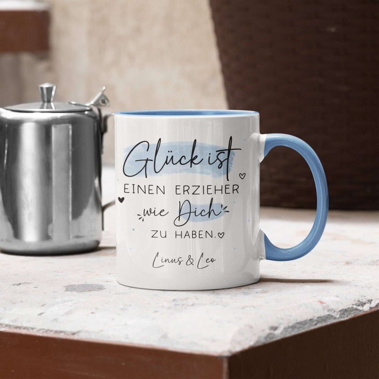 Personalisierte Tasse mit Spruch "Glück ist einen Erzieher wie dich zu haben" zum Geburtstag, Geschenk, Ostern, Weihnachtsgeschenk, Abschied  kleinebuchstaben   