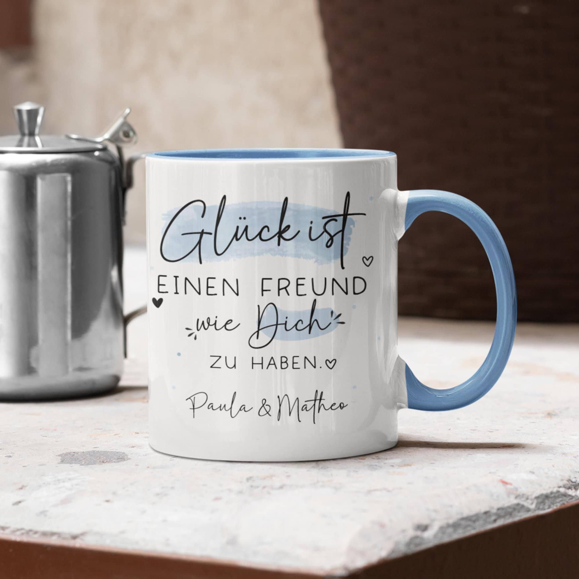 Personalisierte Tasse mit Spruch "Glück ist einen Freund wie dich zu haben" zum Geburtstag, Geschenk, Ostern, Weihnachtsgeschenk, Abschied  kleinebuchstaben   