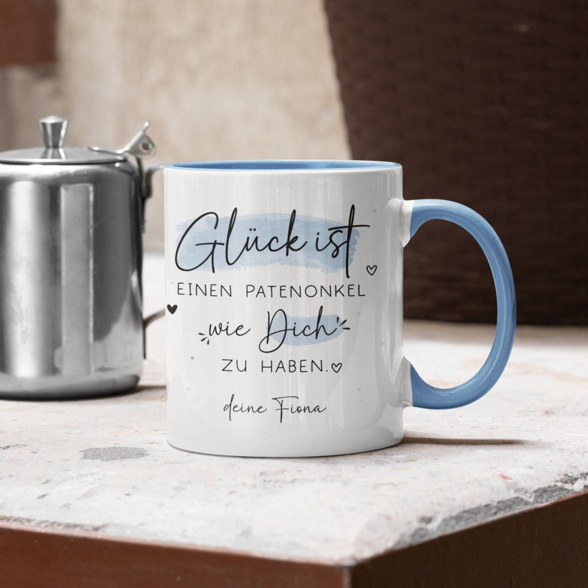 Personalisierte Tasse mit Spruch "Glück ist einen Patenonkel wie dich zu haben" zum Geburtstag, Geschenk, Ostern, Weihnachtsgeschenk  kleinebuchstaben   