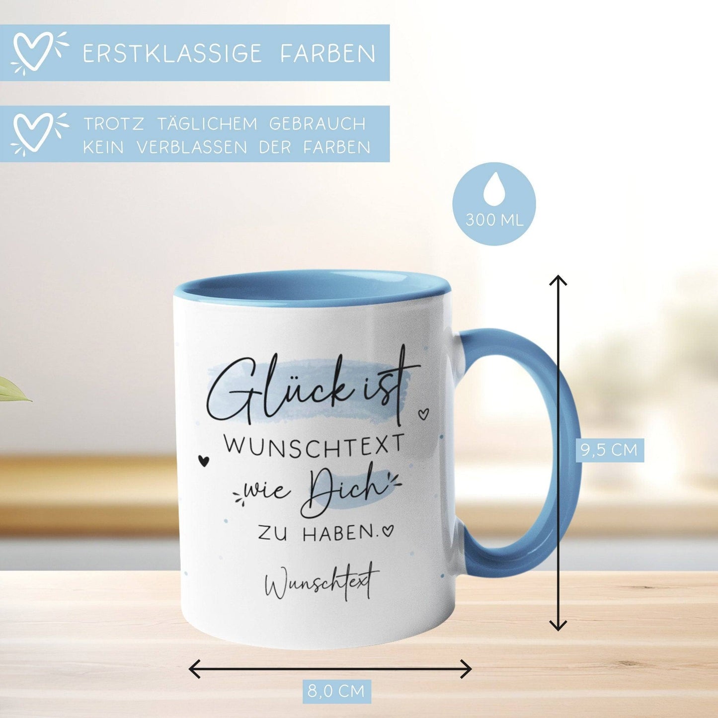 Handgefertigte Personalisierte "Glück ist..." - Tasse komplett mit Wunschtext und Wunschname. Zum Geburtstag, Vatertag, Ostern, Weihnachten  kleinebuchstaben   