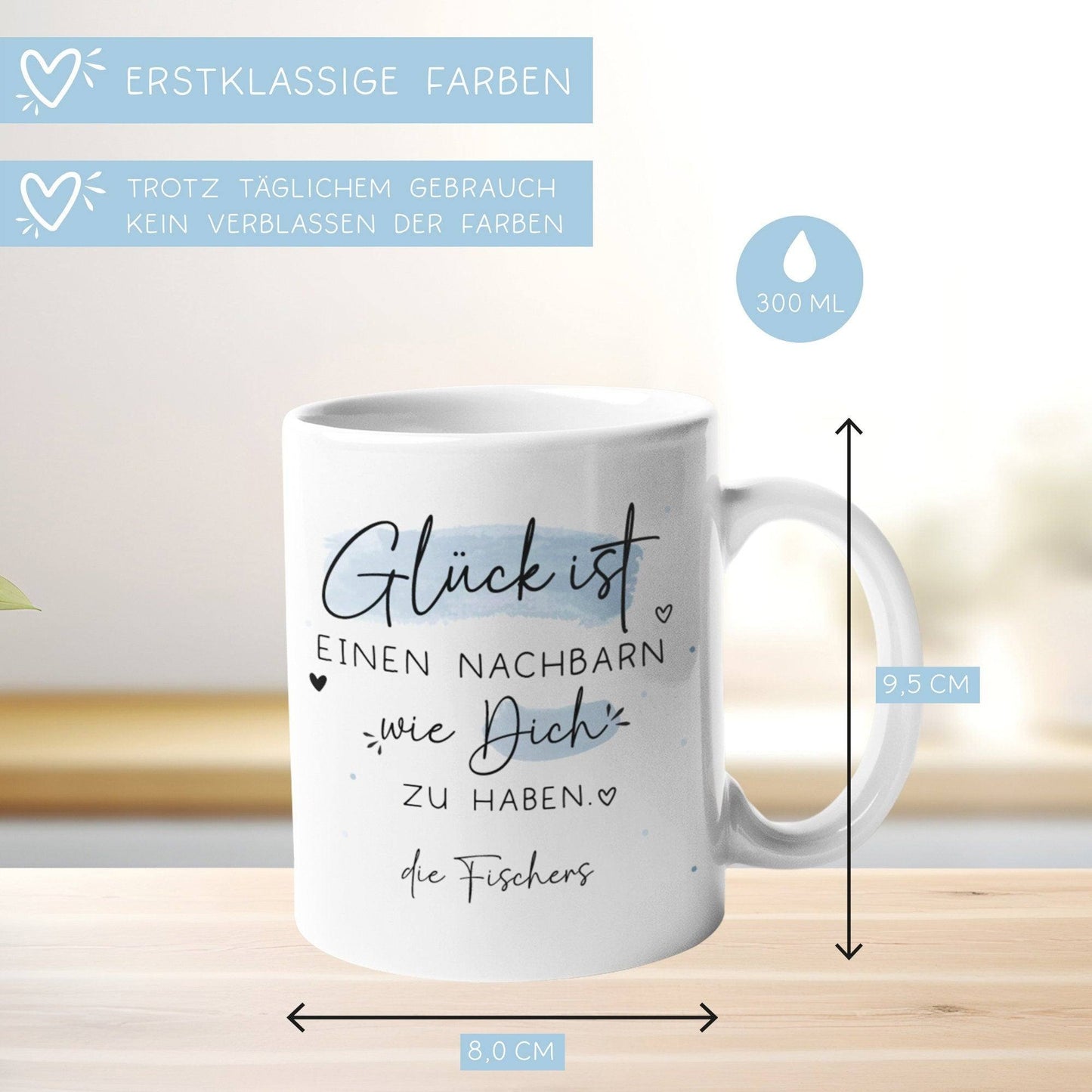 Personalisierte Tasse mit dem Spruch "Glück ist, einen Nachbarn wie dich zu haben". Als Geschenk für Geburtstage, Ostern oder Weihnachten  kleinebuchstaben   