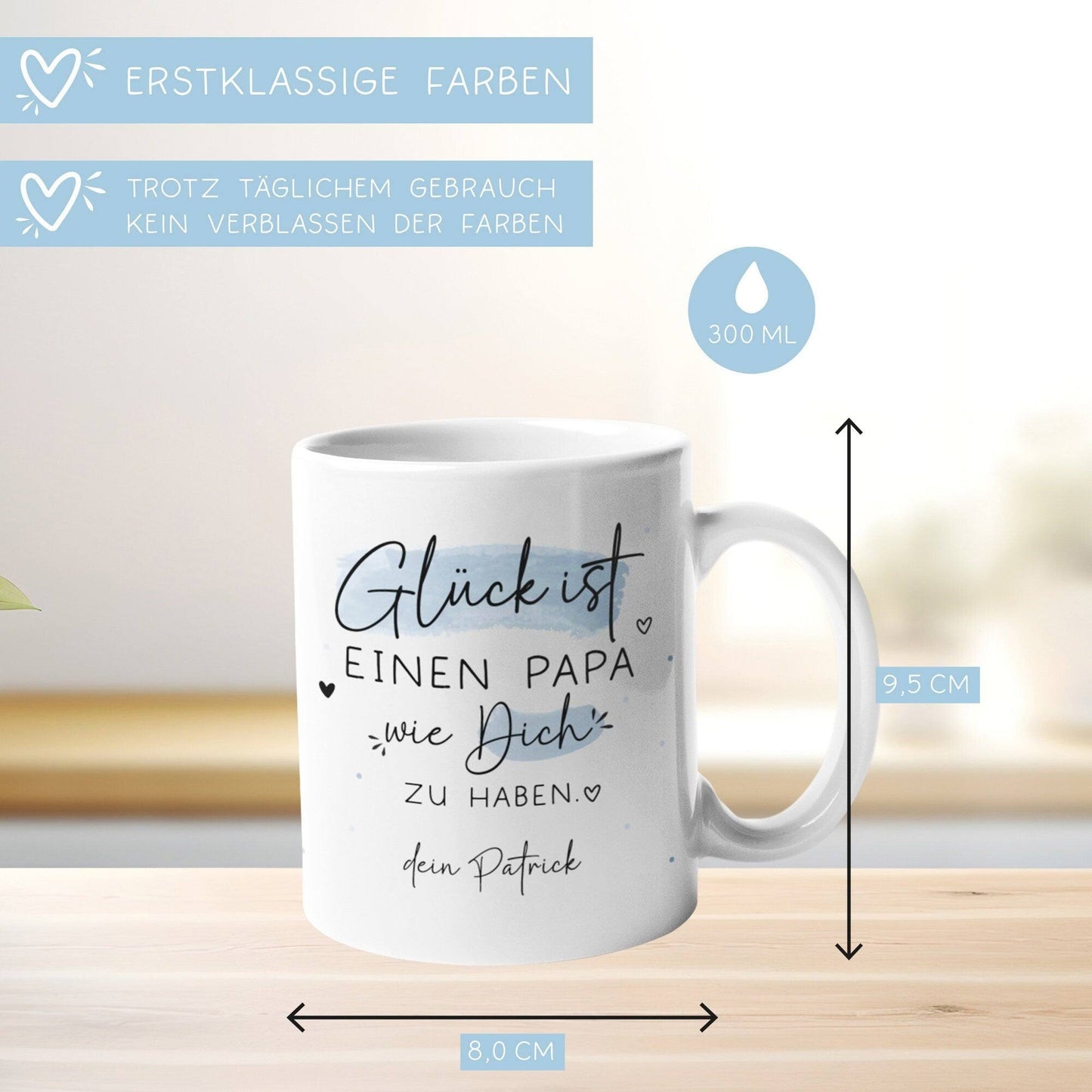 Personalisierte Tasse zum Vatertag mit Spruch "Glück ist einen Papa wie dich zu haben" Geburtstag, Geschenk, Ostern, oder Weihnachtsgeschenk  kleinebuchstaben   