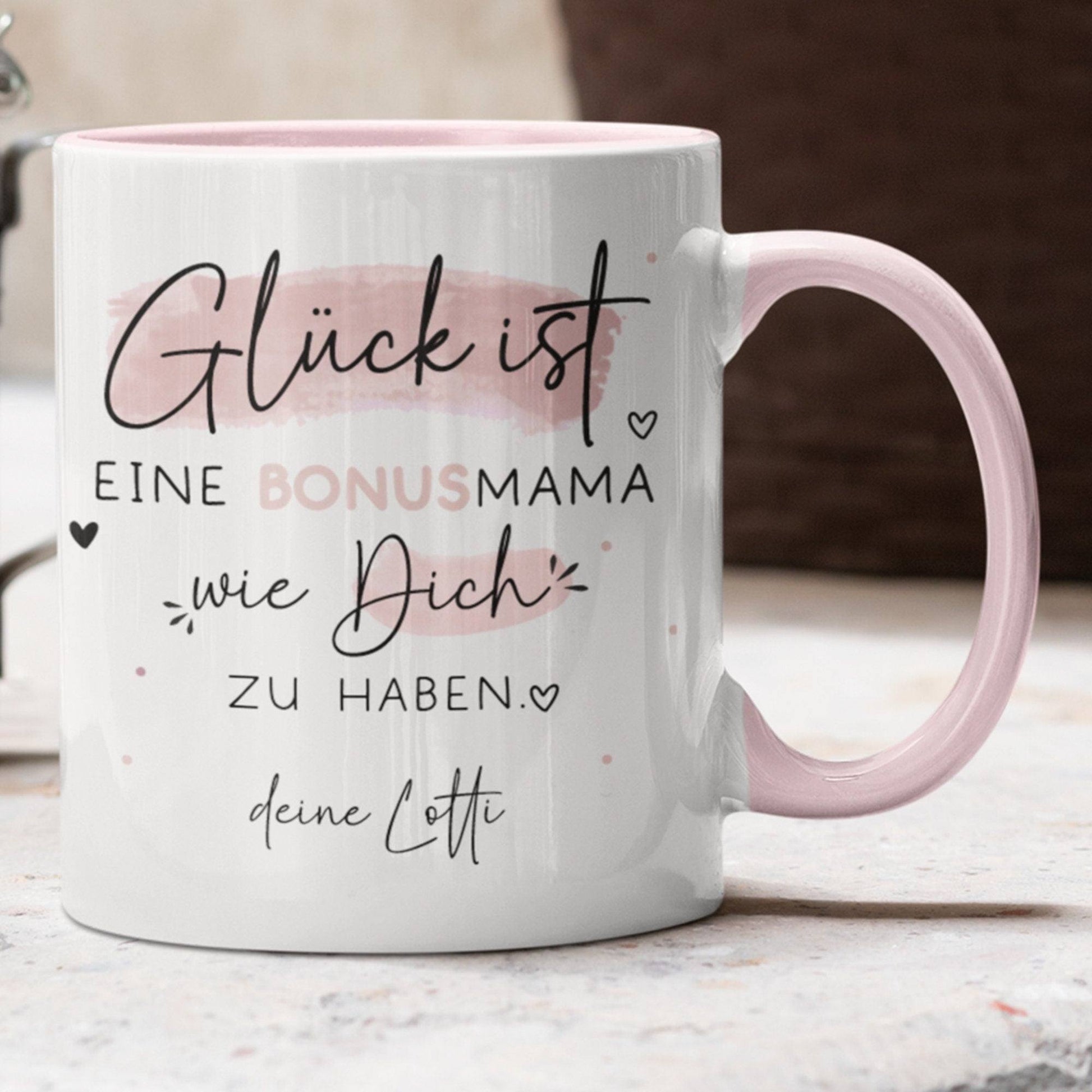 Tasse Bonusmama Muttertag personalisiert – Motiv: Glück ist eine BONUSMAMA wie dich zu haben - Geschenk zum Geburtstag, Ostern, Weihnachten  kleinebuchstaben Nur Bonusmama  