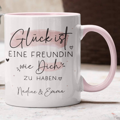 Personalisierte Tasse – Glück ist eine FREUNDIN wie dich zu haben - Geschenk zum Geburtstag, Ostern, Weihnachten -Wunschnamen  kleinebuchstaben Freundin - Rosa  