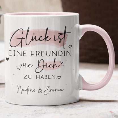 Handgefertigte Personalisierte Tasse – Glück ist eine FREUNDIN wie dich zu haben - Geschenk zum Geburtstag, Ostern, Weihnachten -Wunschnamen  kleinebuchstaben Freundin - Rosa  