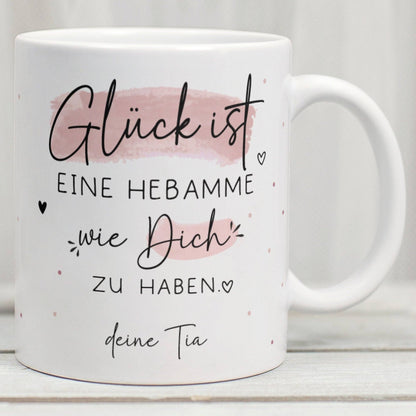 Handgefertigte Personalisierte Tasse – Glück ist eine HEBAMME wie dich zu haben - Geschenk zum Geburtstag, Ostern, Weihnachten -Wunschnamen  kleinebuchstaben Hebamme - Weiß  