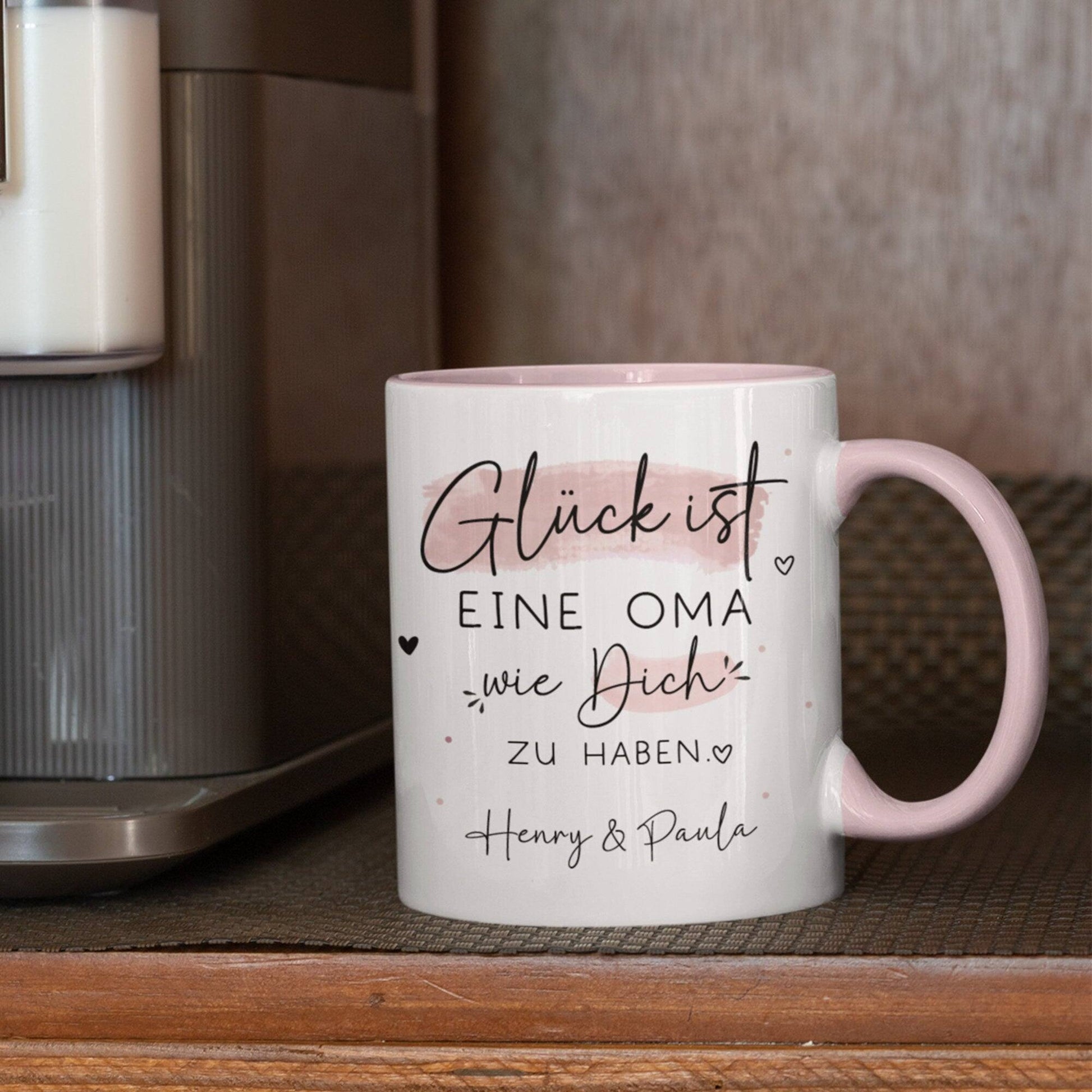 Personalisierte Tasse – Glück ist eine OMA wie dich zu haben - Geschenk zum Muttertag Geburtstag, Ostern, Weihnachten - Name  kleinebuchstaben   